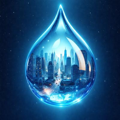 The primary subject of the image is a large, blue, glass-like drop that appears to be a stylized representation of a city. The setting is a nighttime cityscape, with tall buildings and a highway visible in the background. The visual style is a combination of photo and digital art, creating a unique and artistic representation of the city. The colors and mood are predominantly blue, giving the image a calm and serene atmosphere.